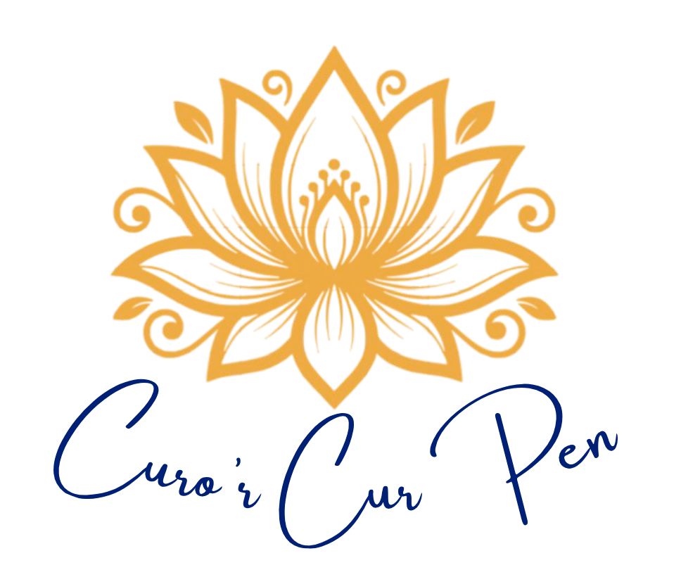 Logo consists of gold lotus flower in a lavender background with Curo'r Cur Pen in navy.